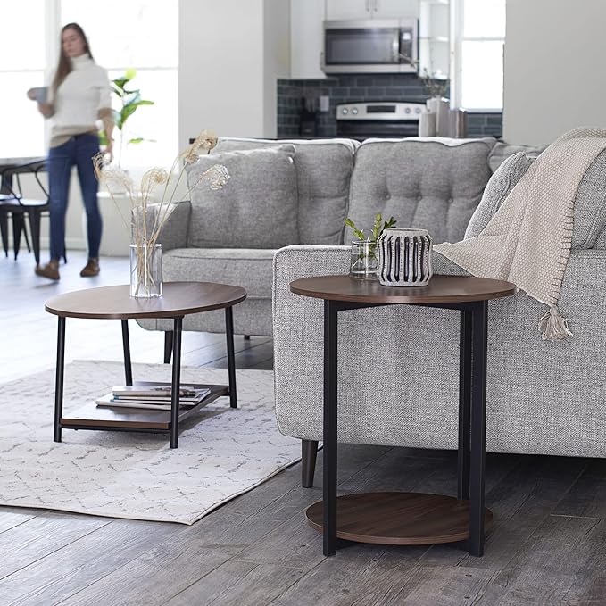 Household Essentials Jamestown Round Side End Table with Storage Shelf Mid Century Walnut Wood Grain and Black Metal