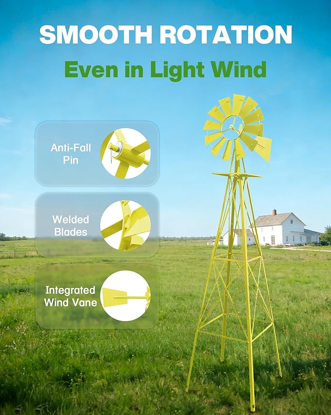 8FT Windmill for Yard Garden Decoration with Weather Vanes，Heavy Duty Outdoor Wind Mills, Large Metal Outdoor Windmill,Weather Resistant,Yellow