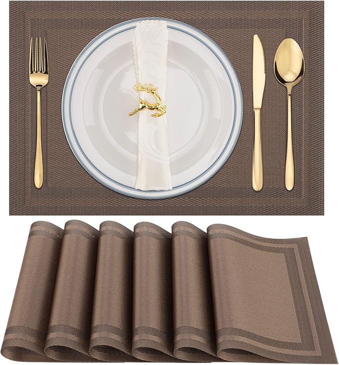 Winknowl Placemats Set of 6，Heat Resistant Woven Vinyl Washable PVC Place Mats，Non-Slip Stain Resistant Indoor/Outdoor Table Mats for Dining Table (Brown)