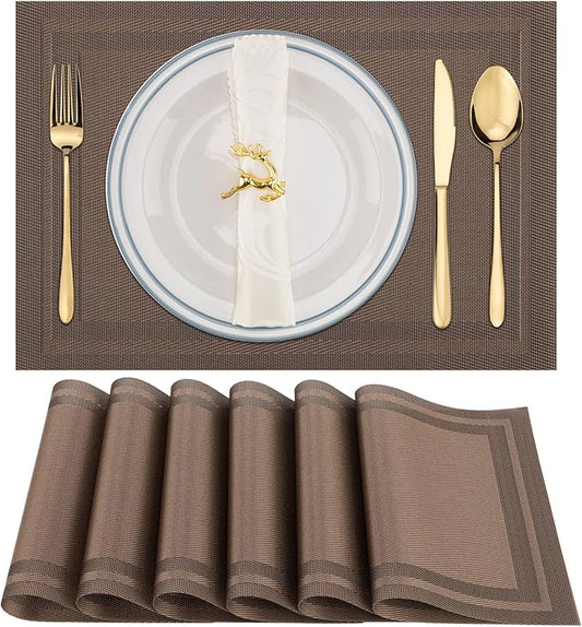 Winknowl Placemats Set of 6，Heat Resistant Woven Vinyl Washable PVC Place Mats，Non-Slip Stain Resistant Indoor/Outdoor Table Mats for Dining Table (Brown)