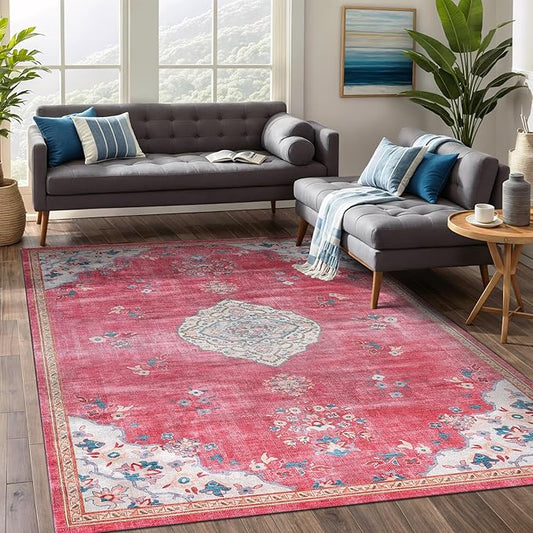 Beverly Rug Non Slip Rugs 6x9 Boho Medallion Floral Non Skid Rubber Backing Easy Silk Soft Area Rug for Living Room Easy to Clean Non Shedding Kitchen Bedroom Indoor Carpet (6 x 9 Fuchsia - Cream)