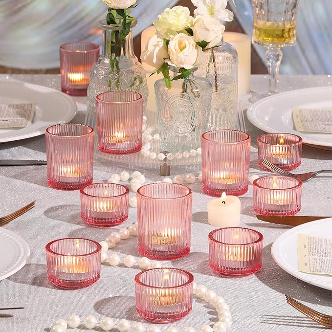 20pcs Assorted Ribbed Pink Votive Candle Holders, Baby Shower Decorations for Girl, Tea Light Candle Holder for Wedding Table Decor, Mother' s Day, Bridal Shower and Party Decorations