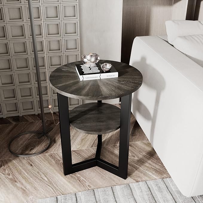 LEEMTORIG Round Side Table, 2-Tier End Table Nightstand with Metal Legs, Modern Bedside Couch Accent Table for Living Room, Bedroom, Office, Rustic Black/Black, 19.3 x 19.3 x 24 inches BZ-1338-BK