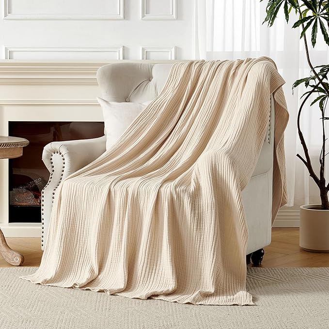 Joydeco 100% Cotton Muslin Throw Blanket for Couch Bed and Sofa, 4-Layer Lightweight and Breathable Soft Gauze Blanket for All Season, Luxury Throws Cotton Blanket Gift(Light Tan, 90"x90")