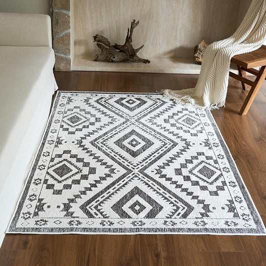 RAMEFILD Moroccan Washable Area Rug 4x6, Geometric Decorative Woven Rug Low Pile, Non-Slip Boho Accent Farmhouse Area Rug for Living Room Laundry Bedroom Dining Table, Dark Brown/White