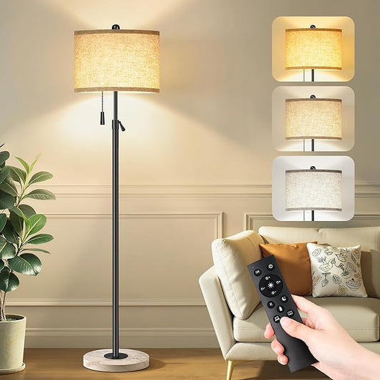FUNNYBEHOM Floor Lamp for Living Room, Floor Lamp with Remote Control, Adjustable Height Modern Standing Lamp with Marble Base & Linen Shade, Dimmable Tall Floor Light for Bedroom, Reading Black