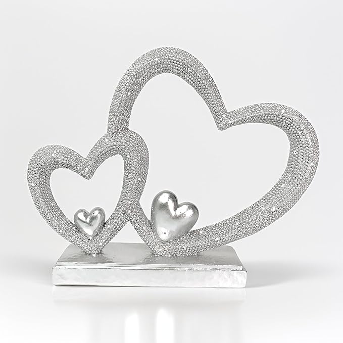 Double Heart Sculpture Valentine’s Day Statue, Faux Beaded Texture with Gold Accents, 7.9" Silver Romantic Decor for Shelf, Mantel, Bedroom, Wedding, for Her