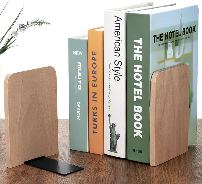 Wood Book Ends, 2 Pack Beech Wood Bookends for Shelves, Non-Slip L-Shaped Heavy Duty Bookends, Book Stopper, Bookshelf Holder Stand for Home, Office, Library, School