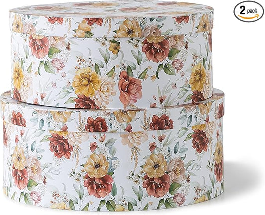 Soul & Lane Large Oval Cardboard Decorative Storage Boxes with Lids - Autumnal Elegance, Set of 2, Nesting Cardboard Storage for Flowers and Gifts, Memory Boxes for Keepsakes and Organizing