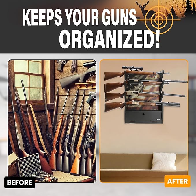 Rush Creek Creations, Gun Rack for Wall, Storage for 4 Guns, Rifles or Shotguns, American Flag Gun Rack Display, Wall Mount, Additional Storage for Gun Accessories