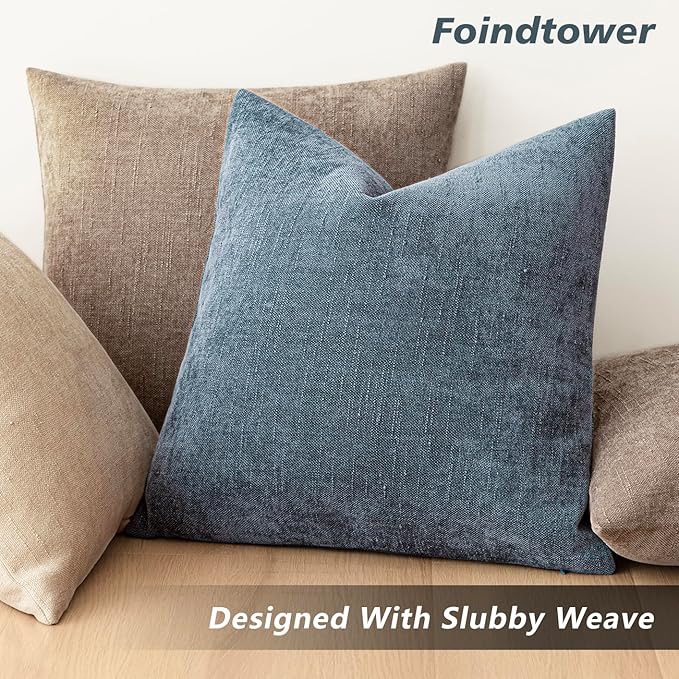 Foindtower Pack of 2 Soft Textured Chenille Throw Decorative Pillow Covers Square Accent Solid Cushion Cover Cozy Neutral Farmhouse Pillow Case for Couch Sofa Bedroom Living Room 16x16 Inch,Blue