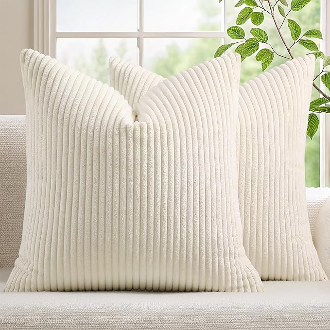 Mecatny Corduroy Decorative Throw Pillow Covers 20x20 Set of 2 for Sofa Living Room, Soft Neutral Boho Couch Pillow Covers for Home Decor, Cream White