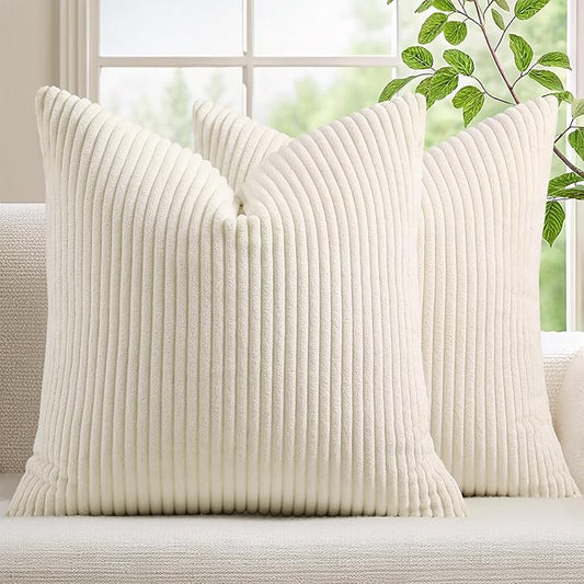 Mecatny Corduroy Spring Decorative Throw Pillow Covers 18x18 Set of 2 for Sofa Living Room, Soft Neutral Boho Couch Pillow Covers for Home Decor, Cream White