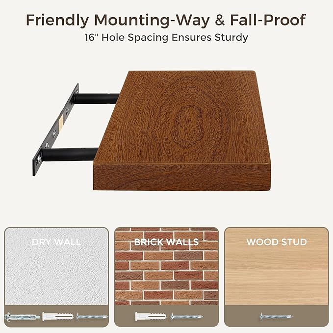 Fun Memories 24 Inch Floating Shelves, Rustic Solid Wood Wall Shelves Set of 2, 8 Inch Deep Floating Shelf for Bathroom, Bedroom, Heavy-Duty Wooden Shelf Wall-Mounted for Home Decor & Storage