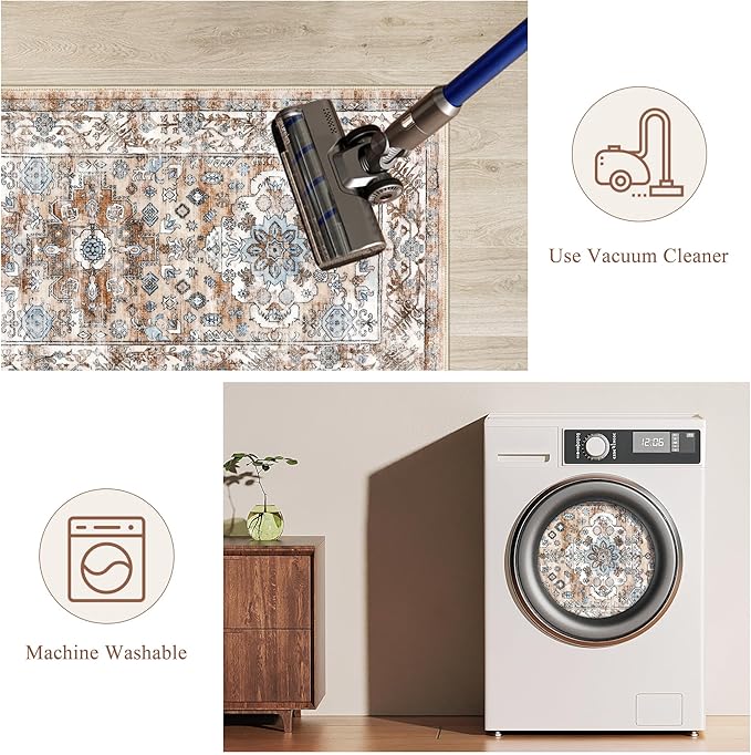 Pauwer Kitchen Rugs Sets of 3 Non Slip Washable Kitchen Mats for Floor Farmhouse Kitchen Floor Mat Runner Rug Boho Kitchen Sink Rug Carpet for Kitchen Hallway Laundry Room, Vintage Cream Tan