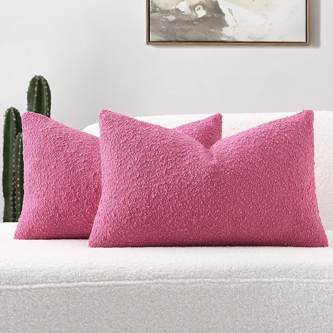 FUTEI Valentine's Day Pack of 2 Hot Pink Decorative Throw Pillow Covers 12x20 Inch Soft Cozy Solid Boucle Textured Lumbar Pillow Cases,Modern Home Decor for Couch Bed Living Room