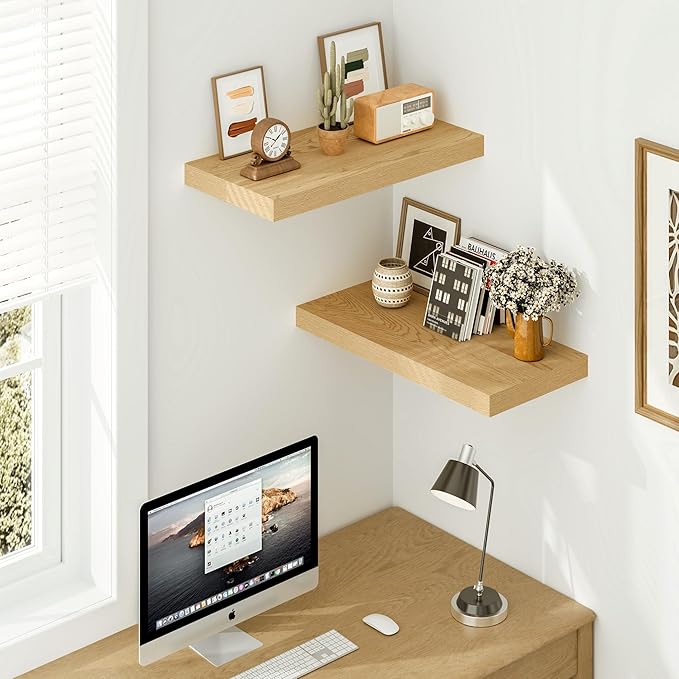 Vivelove 12 Inch Deep Floating Shelves 23.6 inch Long, Thick Wall Shelves with Invisible Brackets, for Bedroom Bathroom Living Room Kitchen Office, Rustic Farmhouse Decor, 23.6x12x1.5 Set of 2, Oak