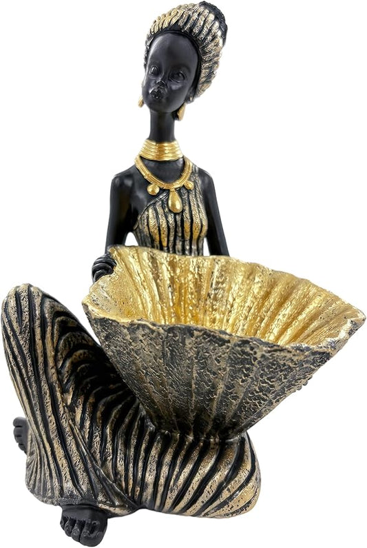 African Woman Sitting Statue with Small Decorative Bowl – Resin Figurine, Black and Gold African Sculpture, Jewelry Holder Dish, African Home Decor Gift