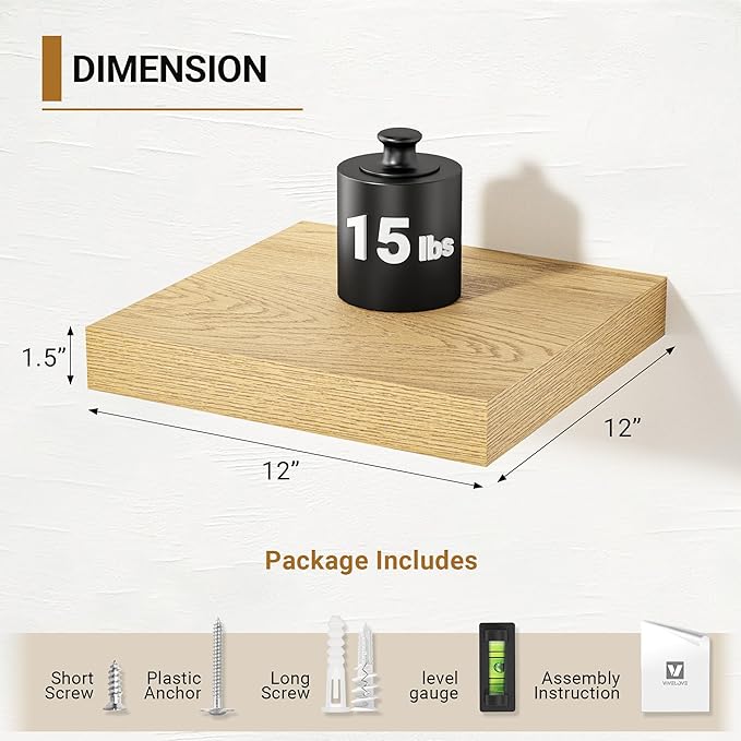 Vivelove 12 Inch Deep Floating Shelves 12 inch Long, Over Toilet Shelf with Invisible Brackets, Shelf for Bedroom Bathroom Living Room Kitchen Office, Rustic Farmhouse Decor, 12x12x1.5 Set of 2, Oak