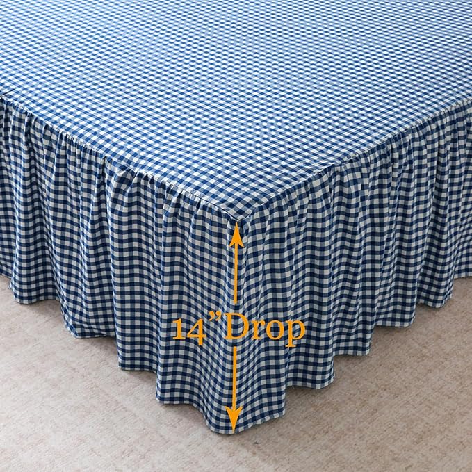 Silnuo Navy Blue/White Plaid Bed Skirt Washed Cotton Vintage Gingham Checkered Dust Ruffle Queen Size 14" Bedding(1 Bed Skirt Only)