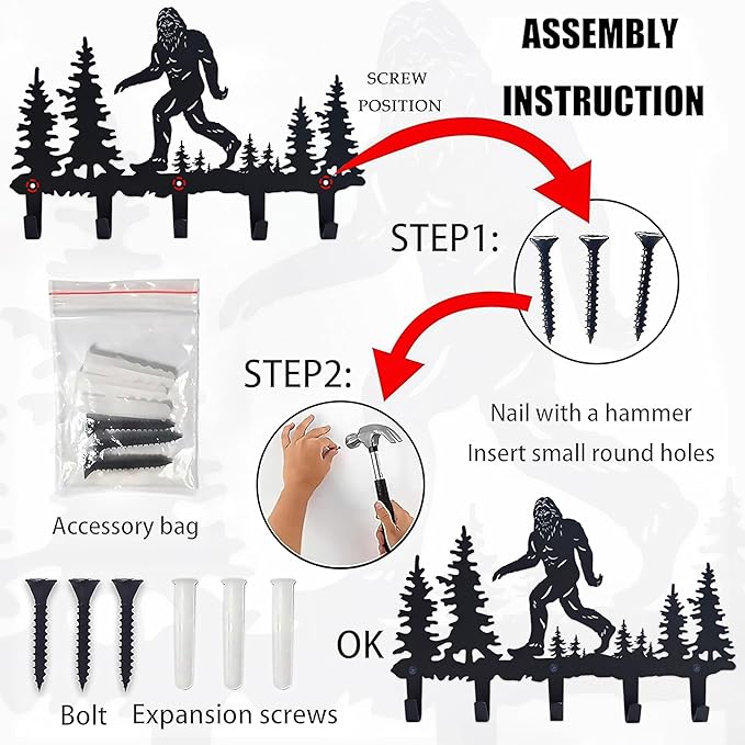 Bigfoot Sasquatch Metal Coat Hooks Wall Mount-Bigfoot Sasquatch Hangers and Key Holder-Clothes Hat Rack and Backpack Hanger Decor for Storage, Living Room, Hallway, Office Gift