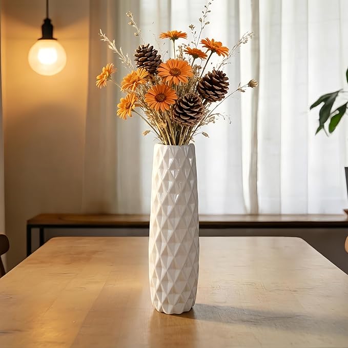 12 Inch White Vase Ceramic Flower Vase, Tall Vases for Pampas Grass, Home Decor, Modern Textured Vases for Living Room Decorations,Table Centerpieces,Shelf,Farmhouse Small Ceramic Vase