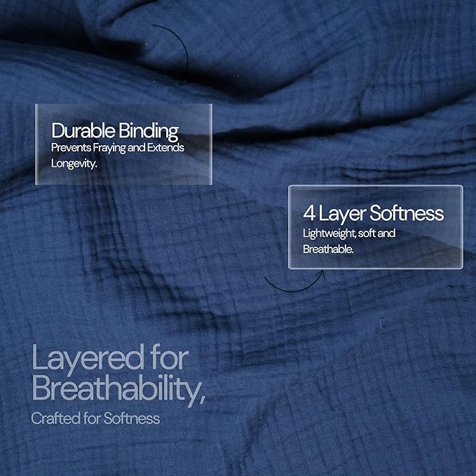 Salt Earth 100% Cotton Muslin Throw Blanket Gauze Blanket 55"X75" Twin, 4 Layered for Couch, Bed, Living Room, Home, Lightweight & All Season Blankets & Throws, Easy wash, Skin Friendly (Navy Blue)