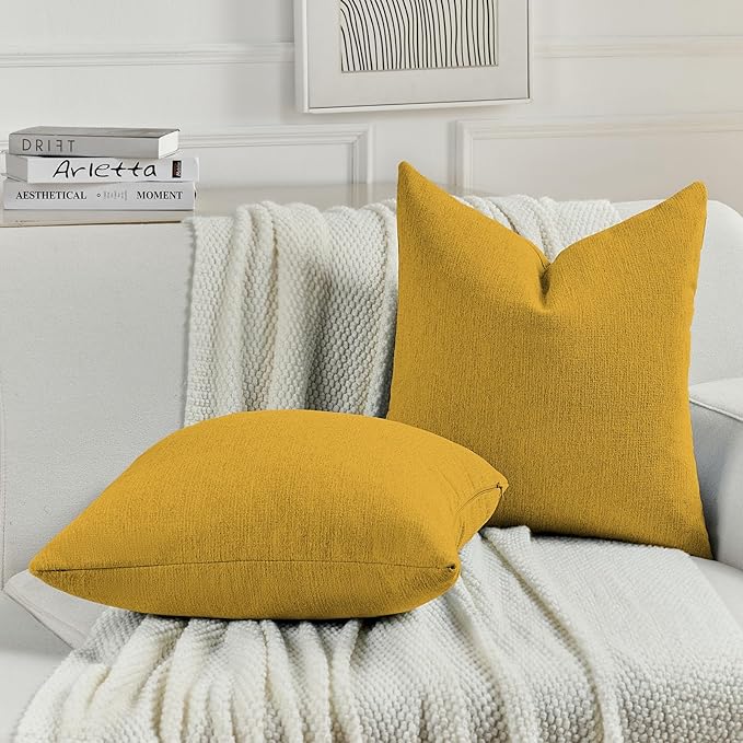 FUTEI Mustard Yellow Chenille Decorative Throw Pillow Covers 20x20 Inch Set of 2,Soft Cozy Faux Linen Textured Cushion Case,Farmhouse Home Decor for Couch Living Room