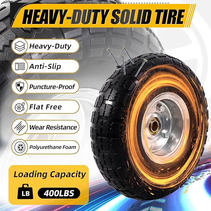 MZREXN 2-Pack 10" Flat Free Solid Tires 4.10/3.50-4 Tire and Wheel, with 5/8" Axle Bore Hole, 2"-2.2" Offset Hub, for Hand Truck, Garden Cart,Trolleys, Yard Trailers, Utility Cart, Silver