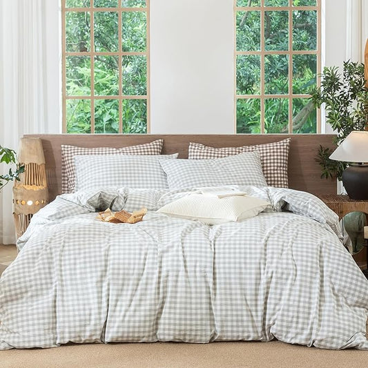 MooMee Gingham Duvet Cover Set 100% Washed Cotton Linen Like Textured Breathable Durable Soft Comfy Modern Checkered Design (Northern Droplet Grey Gingham, Twin 68"x90")