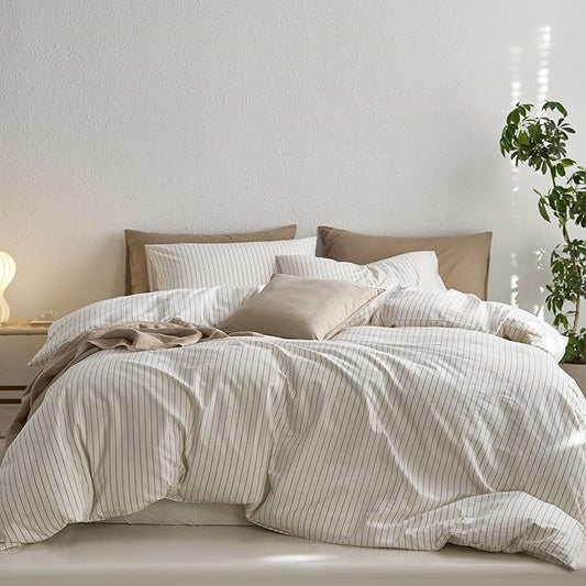 MooMee Striped Duvet Cover Set 100% Washed Cotton Linen Like Textured Breathable Durable Soft Comfy (White Tannish Linen Grey Wide Stripes, Super Queen 90"x98")