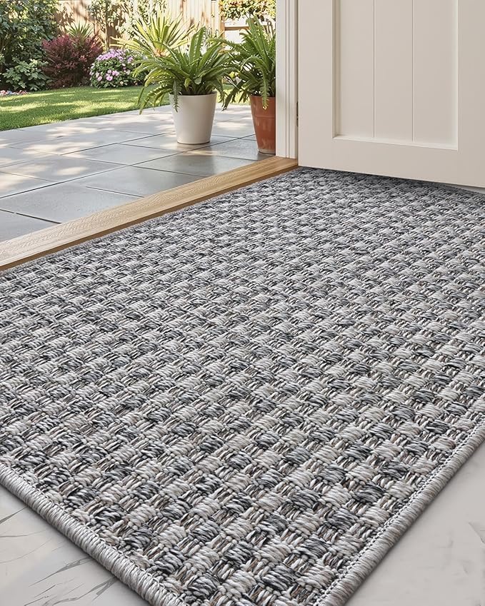 DEXI Dirt Trapper Door Mat, 24x39 Washable Doormat, Dirt Resistant and Absorbent, Easy Clean Low-Profile Floor Rugs for Entryway, Front Door, and Inside Entrance, Checkered Grey