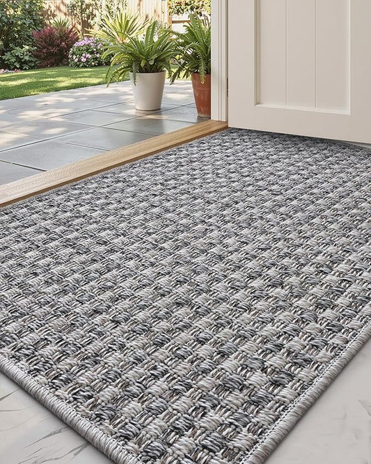 DEXI Dirt Trapper Door Mat, 24x39 Washable Doormat, Dirt Resistant and Absorbent, Easy Clean Low-Profile Floor Rugs for Entryway, Front Door, and Inside Entrance, Checkered Grey