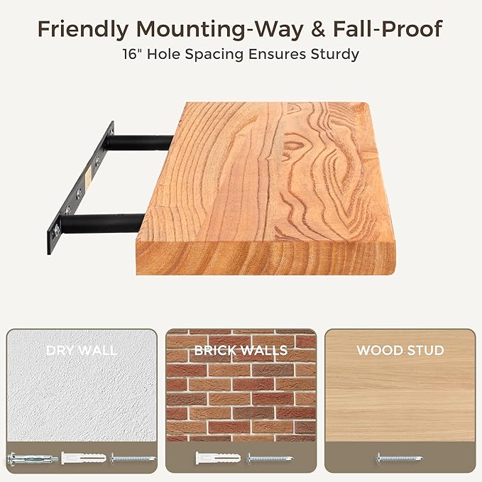 Fun Memories 24 Inch Floating Shelves, Rustic Solid Wood Wall Shelves Set of 2, 8 Inch Deep Floating Shelf for Bathroom, Bedroom, Heavy-Duty Wooden Shelf Wall-Mounted for Home Decor & Storage