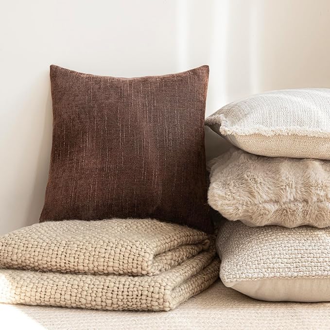 Foindtower Pack of 2 Soft Textured Chenille Throw Decorative Pillow Covers Square Accent Solid Cushion Cover Cozy Neutral Farmhouse Pillow Case for Couch Sofa Bedroom Living Room 22x22 Inch,Red Brown
