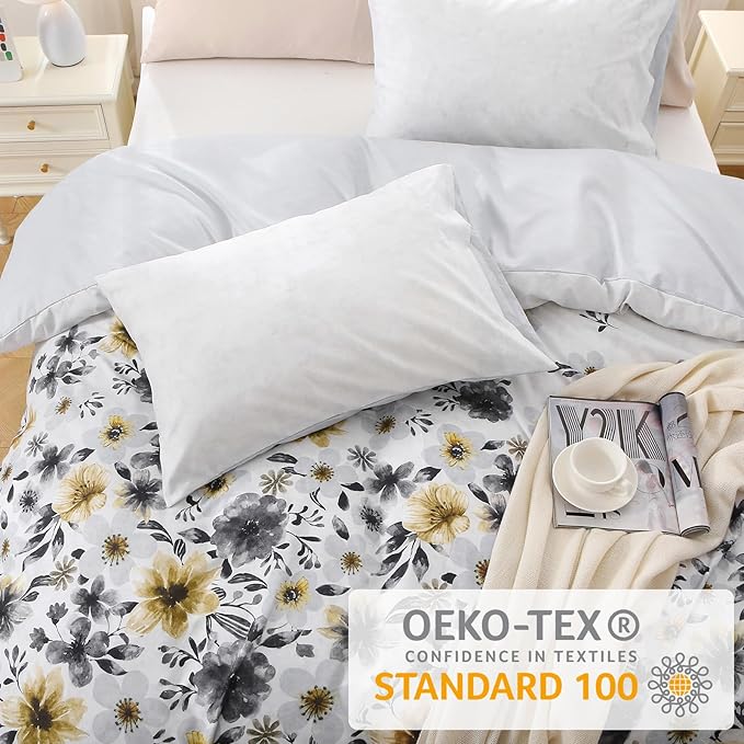 Duvet Cover King Size, Reversible Floral Vintage Duvet Cover Set with Zipper Closure, 3 Pieces Botanical Patterns Soft Microfiber Bedding Set (90"x104", 2 Pillow Cases 20"×36", Yellow Grey Flower)
