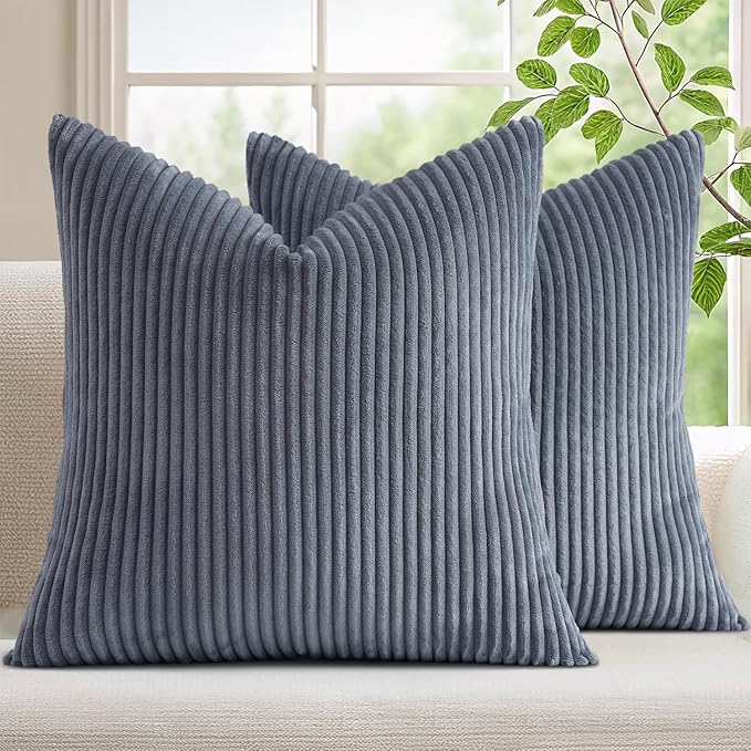 Mecatny Corduroy Decorative Throw Pillow Covers 18x18 Set of 2 for Sofa Living Room, Soft Neutral Boho Couch Pillow Covers for Home Decor, Blue Grey