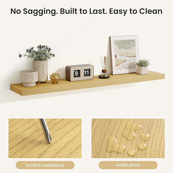 Fun Memories Rustic Wood Floating Shelves for Wall, Space-Saving Wall Mounted Shelves for Bathroom, Bedroom, Living Room and Kitchen, Stylish Storage & Display (Set of 2, Oak, 48 in)