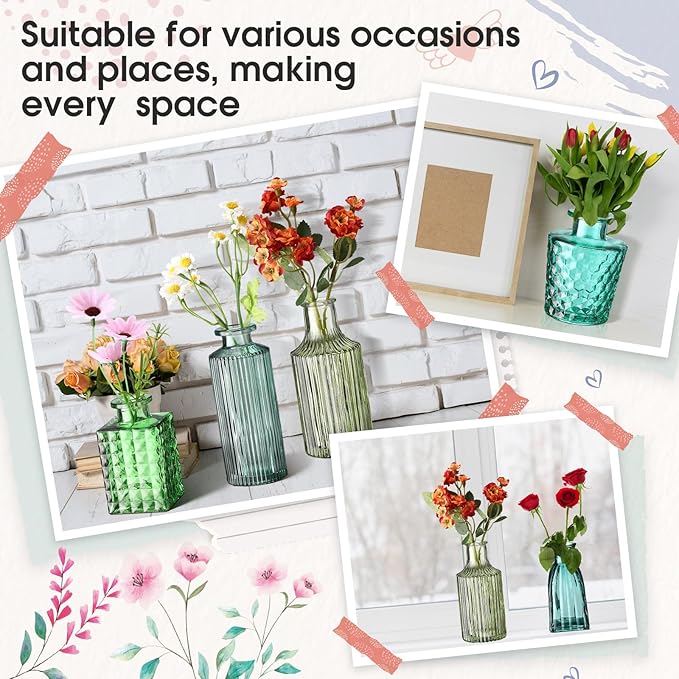 Yaomiao 30 Pcs Vases Bulk Colored Flower Glass Bud Vases Valentine Vintage Colored Glass Bottles Colorful Rustic Embossed for Home Wedding Table Decorations Gifts(Green Series)