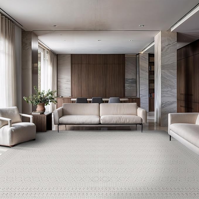 Luul Home Micro Loop Indoor Rug White 5x7 Boho Geometric Neutral Area Rugs for Living Room Soft Luxury Modern Low and High Pile Durable Stain Resistant Non-Shedding Indoor Area Carpet 5 x 7