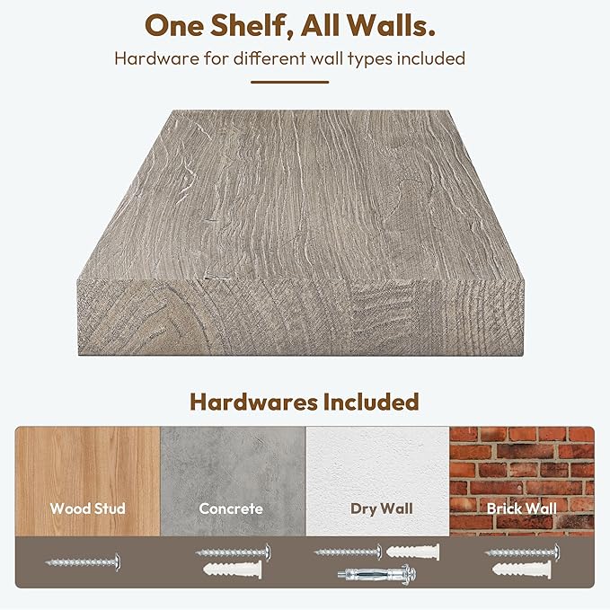Vivelove Elm Wood Floating Shelves, Wooden Shelves for Wall with Invisible Bracket for Living Room Bedroom Bathroom Office Book, Rustic Farmhouse Decor Storage & Display, 48 Inch Set of 1- Grey