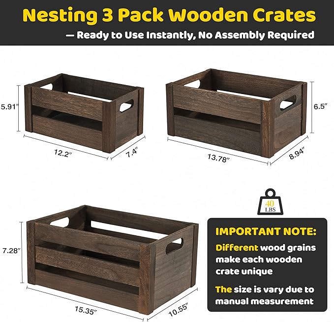 Wooden Crates 3 Pack, Nesting Handmade Wood Crates for Storage, No Installation Wooden Storage Box with Cutout Handle for Display & Decor, Brown