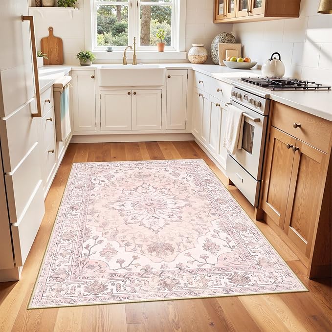 RELEANY Area Rugs 4'x6' Washable Non-Slip, Floral Vintage Distress Print Pattern Medallion Carpet for Living Room Bedroom Dining Room, Pink Greypink Cute