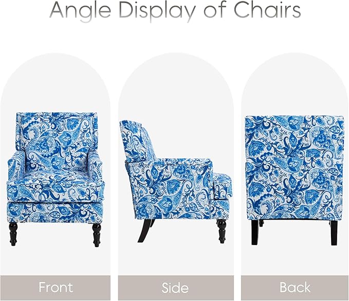 Yogald Vintage Accent Armchair, Mid Century Corner Chair with Nail-Head Trim, Comfy Upholstered Reading Chair, Mediterranean Chair for Living Room Bedroom Guest Room(Blue-and-White Porcelain Blue)