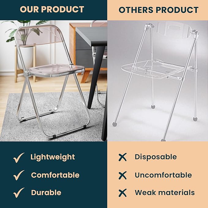 LeisureMod Lawrence Modern Clear Acrylic Folding Chair with Metal Frame, Space-Saving Transparent Seating for Dining Room, Home Office, Bedroom, Vanity or Small Spaces, (Rose Pink, Singles)