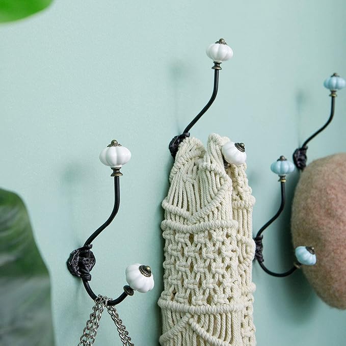 NIKKY HOME Wall Hooks Decorative 2 Pack Hanging Rustic Vintage Pumpkin Metal Iron Ceramic Antique Mounted Wall Hook for Towels Coat Bag Scarf Cap Hat Key for Farmhouse Mudroom Closet Bathroom, White