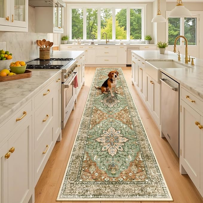 RELEANY Area Rugs 2'x10' Washable Non-Slip, Floral Vintage Distress Print Pattern Medallion Carpet for Living Room Bedroom Dining Room, Brick Red Rust Neutral Brown Burnt Orange Green