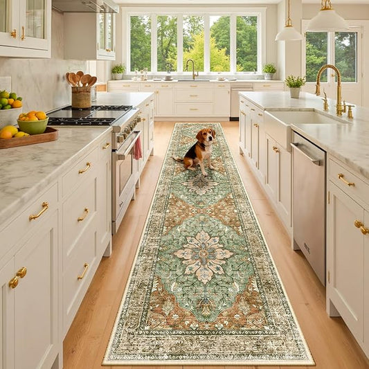 RELEANY Area Rugs 2'x10' Washable Non-Slip, Floral Vintage Distress Print Pattern Medallion Carpet for Living Room Bedroom Dining Room, Brick Red Rust Neutral Brown Burnt Orange Green