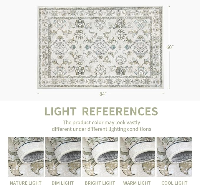 Dotiiorug 5x7 Washable Area Rugs Beige and Sage Green Vintage Boho Floral Farmhouse Rug for Living Room Bedroom, Non Slip Low Pile Carpet