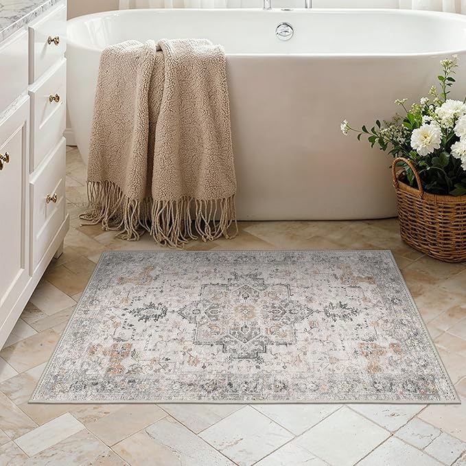 BESBLEE Area Rug 2x3 Doormat, Machine Washable Low Pile Rugs, Small Retro Entryway Mat for Entrance, Hallway, Kitchen and Corridor, Light Taupe Brown